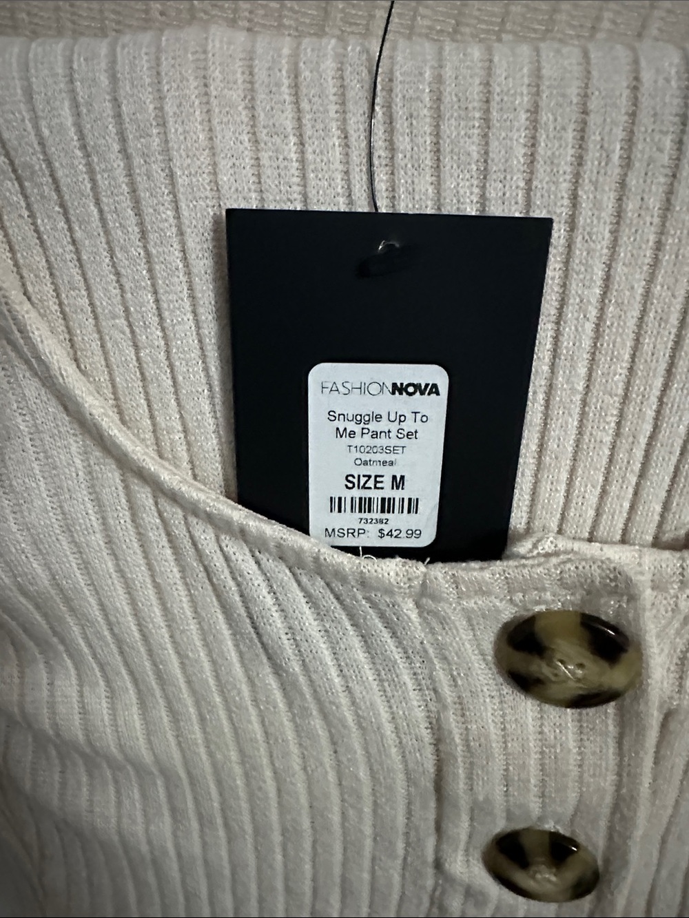 Ribbed Scoop Neck Long Sleeve Cream crop top two piece outfit with Button Detail - Picture 2 of 4